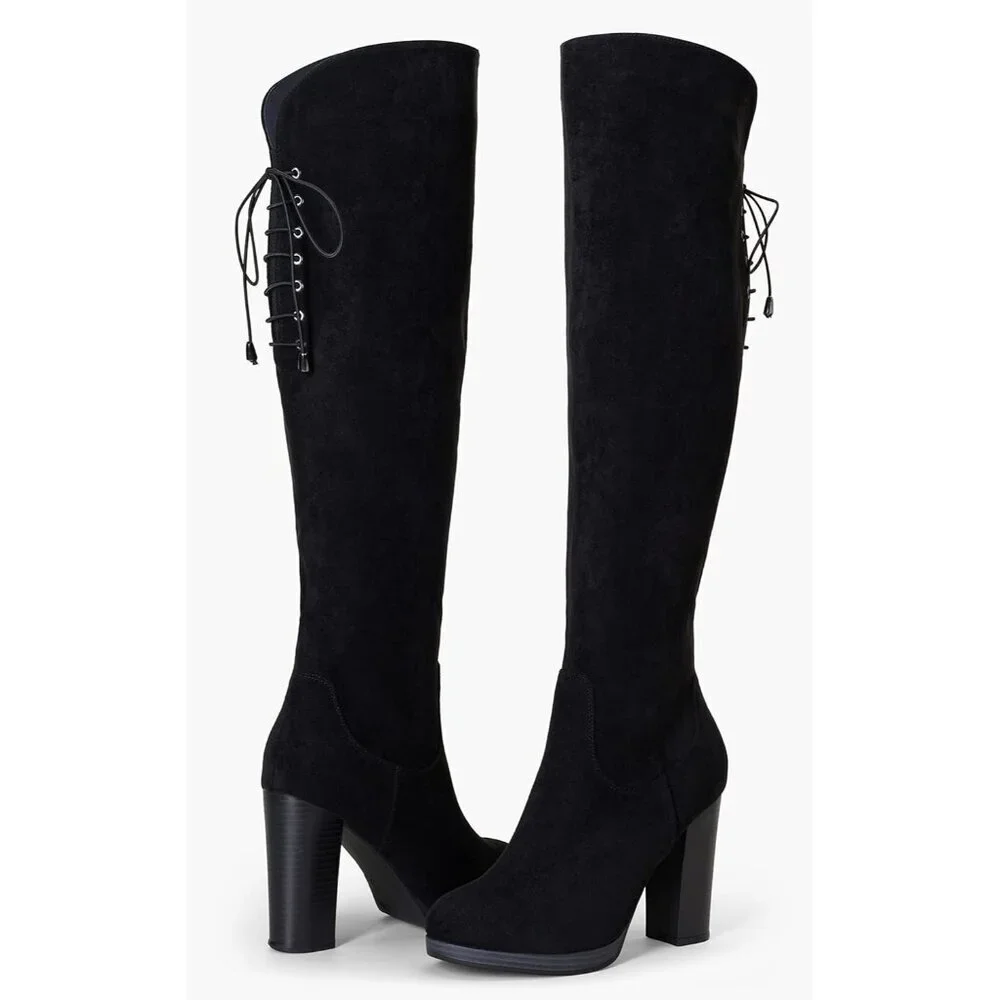 🆕Women's Black-imitation Suede Thigh High Over The Knee Rounded Toe Tall Boot